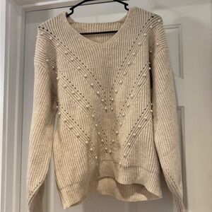 SHEIN Cream Crew Neck Sweater with Eyelet Pattern